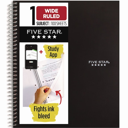 Five Star Wirebound Notebook, 1-Subject, Wide/Legal Rule, Black Cover, 100 10. x 8.63 Sheets 930010